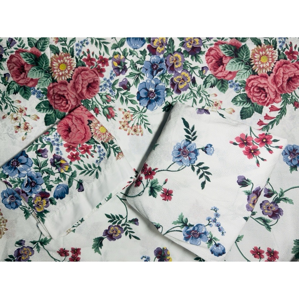 Cannon Sheet Set Pansy Twin Floral Pink Roses Poly Cotton Vtg Country Cottage